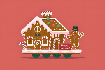 Gingerbread house train with gingerbread man holding happy holidays sign.