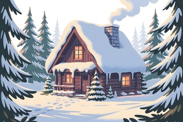 Winter wonderland scene: cozy snow-covered log cabin nestled in a tranquil forest