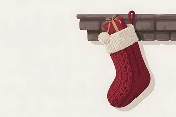 Christmas stocking with present hanging from a fireplace mantelpiece illustration