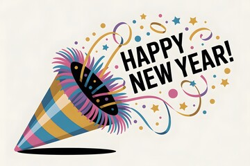 Festive happy new year celebration party hat with confetti and streamers illustration