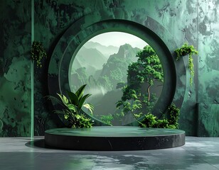 Scenic studio background featuring a circular window view