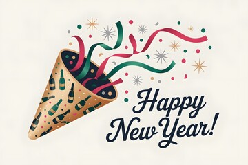 Happy new year celebration party popper with streamers and confetti bursting