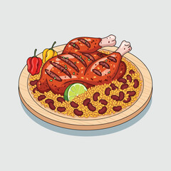 Delicious Jerk Chicken with Rice and Peas on a Wooden Plate.