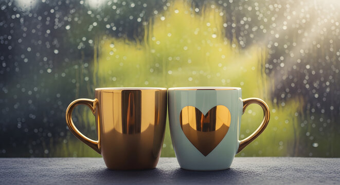 Mug couple with a huge heart on a window sill cuddle, cup of coffee, relationship and friendship concept, love