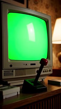 Retro Gaming Setup with old television blue interference screen in room close up of vintage tv and cartridges for playstation antique video game nostalgia distortion, green overlay, glitch, static
