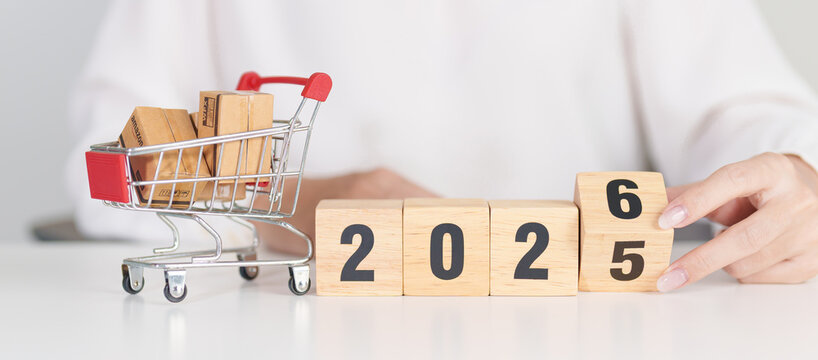 Happy New Year 2026 with shopping cart. online shopping, Marketplace platform website, technology, ecommerce, shipping delivery, logistics and online payment