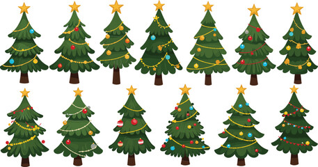 Collection of twelve decorated cartoon Christmas trees with stars and ornaments green