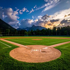 Baseball field at dusk with mountains and dramatic clouds