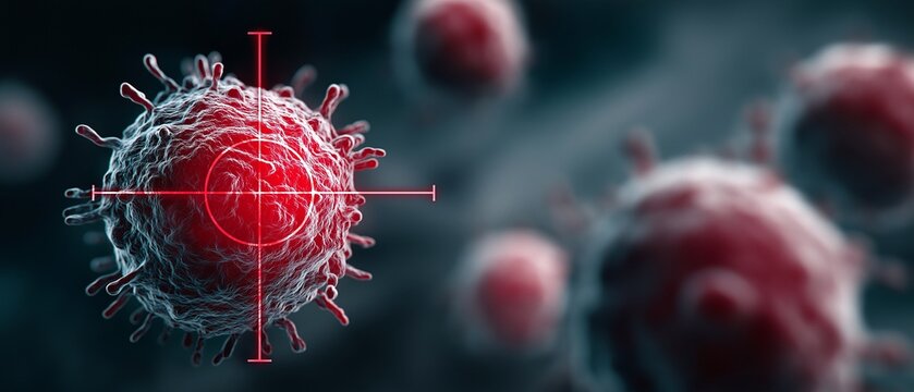 Immune cells under a red target crosshair signify advancements in cancer research and medicine that concentrate on cell interaction and the creation of treatments.