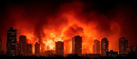 An intense atmosphere, an urban disaster emergency situation, a city skyscraper blazing with spectacular flames and dense smoke at night, and a dramatic cityscape