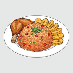 Delicious Jollof Rice with Fried Chicken and Plantain.