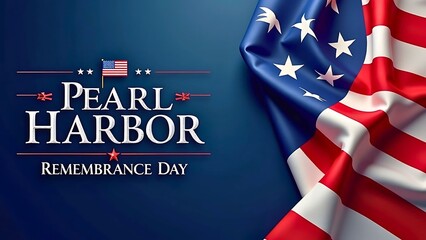A solemn Pearl Harbor Remembrance Day graphic featuring a draped American flag and commemorative text on a deep blue background.