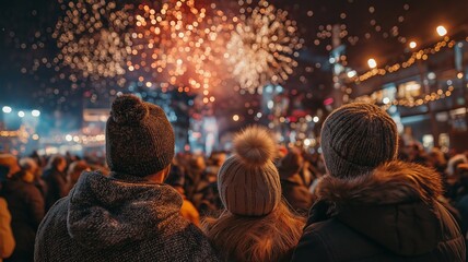 A family celebrating Christmas and New Year's Eve with wrapped winter attire and happy faces while watching fireworks