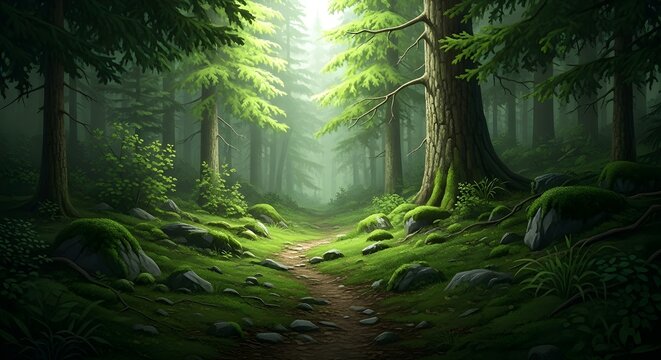 Morning forest trail with sunlight and greenery