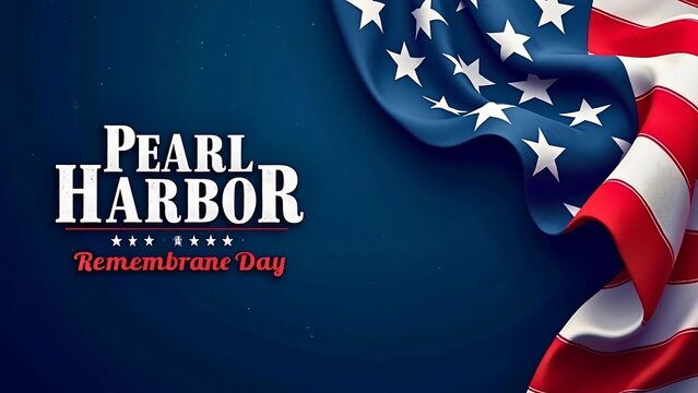 A solemn graphic commemorating Pearl Harbor Remembrance Day with bold text and a waving American flag against a deep blue background.