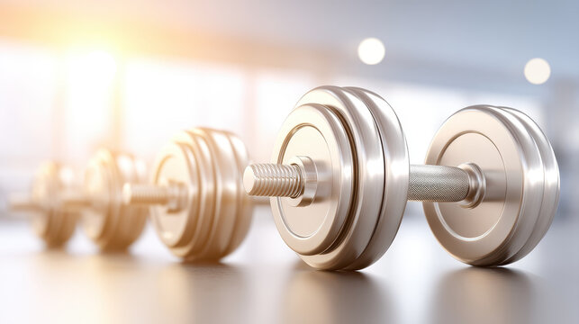 Set of shiny dumbbells lined up on surface reflects commitment to fitness and wellness. These weights symbolize strength and dedication to workout routines, perfect for any exercise enthusiast