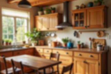 Defocused Background of Warm and Inviting Rustic Kitchen with Wooden Cabinets and Natural Light Streaming Through the Window. Blurred Background. 3d rendering.