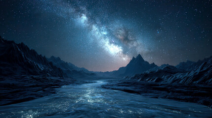 神秘的な満天の星と輝く川の風景