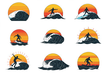 Surfing vector illustration collection with sunset background, ocean wave design, surfer silhouettes, tropical beach adventure art, summer sea sport concept