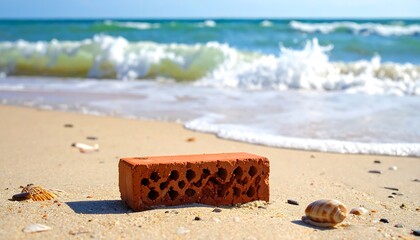 A brick on the beach with seashells and ocean waves on a sunny day