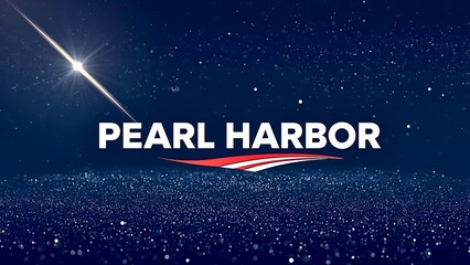 "Pearl Harbor" text on a dark blue starry background with a patriotic emblem and bright light.
