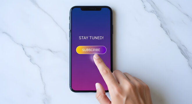 Subscribing and Digital Marketing Concept. Top View of person using Smartphone to making Subscribe on a Favorite Channel. Media Content Strategy
