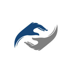 Stylized logo featuring two hands, one blue and one grey, reaching towards each other in a supportive and interconnected design.