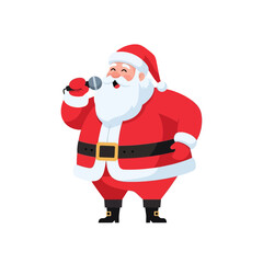 Jolly cartoon Santa Claus singing a Christmas carol into a microphone. Festive holiday character for party invitations and greeting cards