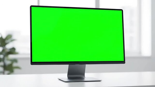 Green Screen Monitor on Desk with computer desktop mock up white background in office zoom shoulder view distortion, overlay, glitch, static noise, scan lines black background, 4k animated video loop