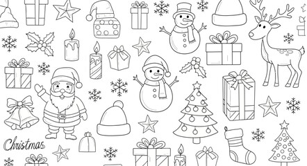 Obraz premium A festive seamless doodle pattern featuring hand-drawn Christmas elements such as Santa Claus, snowman, reindeer, gifts, candles, Christmas trees, stars, and holiday hats. This cheerful black-and-whit