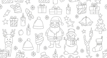 Fototapeta premium A festive seamless doodle pattern featuring hand-drawn Christmas elements such as Santa Claus, snowman, reindeer, gifts, candles, Christmas trees, stars, and holiday hats. This cheerful black-and-whit
