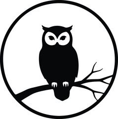 Vector owl sitting on branch in circle silhouette illustration