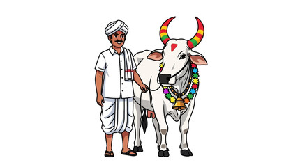 A farmer in traditional attire stands beside a decorated white bull, showcasing cultural heritage.