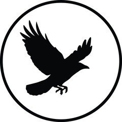 Vector raven flying inside a circle black and white silhouette illustration