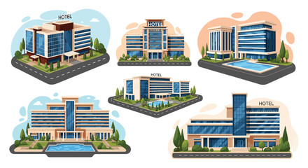 Collection of modern hotel buildings with distinct architectural styles, some featuring pools and landscaping, set for travel and hospitality.