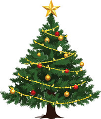 Decorated Christmas tree with golden star red and gold ornaments and lights holiday celebration
