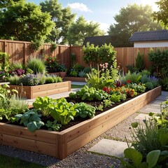 Beautiful outdoor garden featuring several wooden raised beds