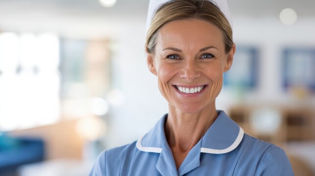 A smiling nurse in a calm healthcare environment, representing professionalism and care in the medical field.