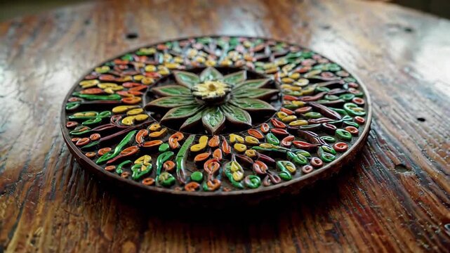 Close-up of a coloured carved disc Hand-carved wood-pattern decoration