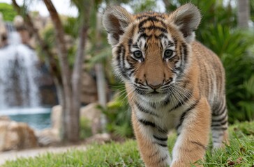 Naklejka premium a small tiger cub walking on the grass, side view, in front of trees and a waterfall