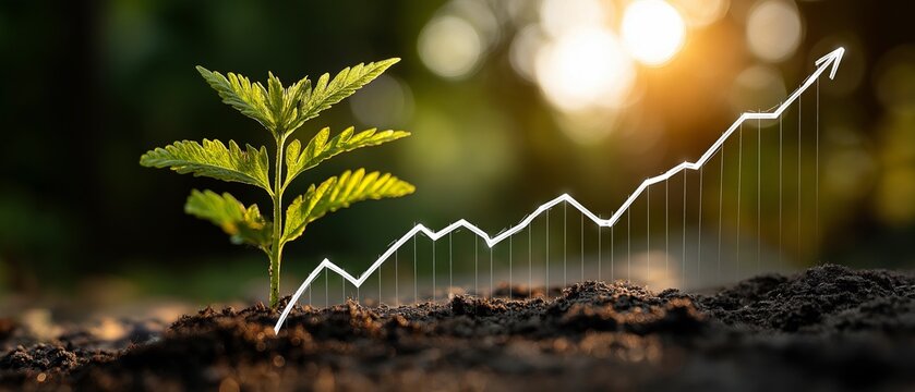 Bright green plant growing in the sunshine  The graph represents sustainable investment and the advancement of a carbon neutral economy.  hope in the natural world