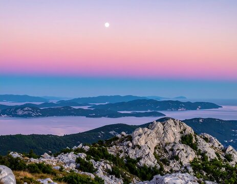 Serene mountain landscape at dusk, featuring islands and a full moon