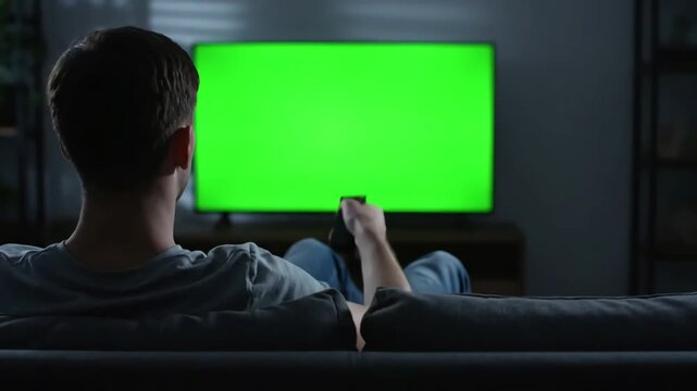 Green Screen man watching television in living room evening young guy sitting on sofa against tv with chroma back view male person switching channels using remote controller scene 2 distortion