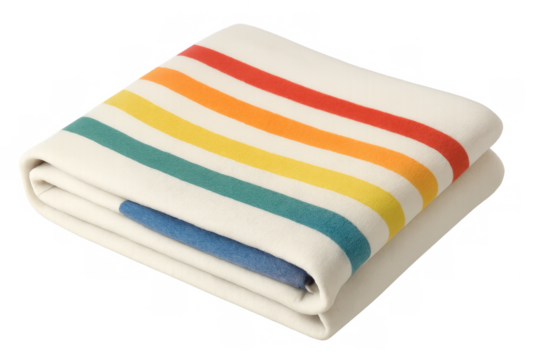 Folded blanket showcasing colorful rainbow stripes, soft cozy textile providing comfort and warmth