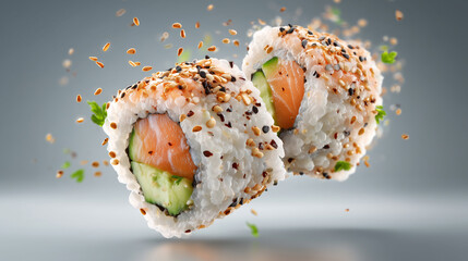 Delicious sushi maki roll sprinkled with sesame seeds