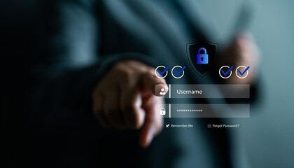 Businessperson using virtual login interface, concept of data protection, cyber defense, user authentication, online data privacy, identity verification and secure access management technology.