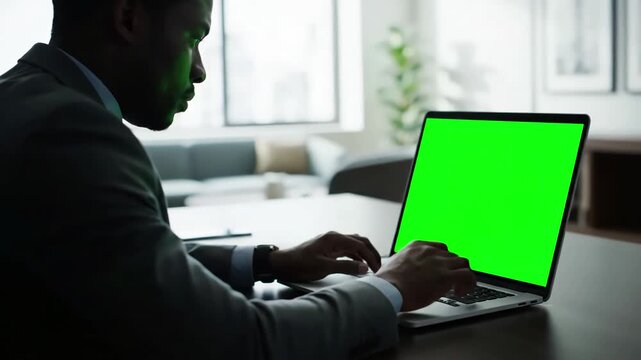 Green Screen successful black businessman sitting at desk working on laptop computer in office anonymous businessperson using chroma key display stylish bright workplace over shoulder close up scene 1