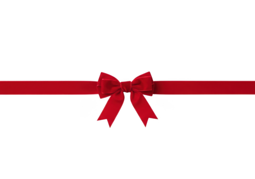 A vibrant red ribbon tied into a perfect bow, isolated on a clean transparent background, symbolizing celebration and giftgiving
