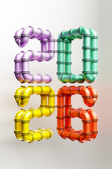 3D letters forming '2026' made from multi-colored tubes, set against a vibrant, colorful background with festive New Year balls, ideal for flyers
