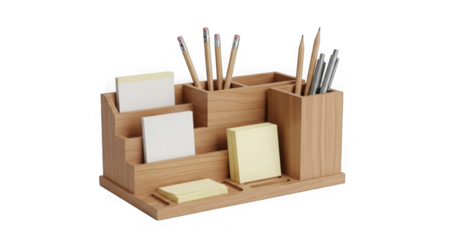 Wooden desk organizer with pens pencils and sticky notes isolated on transparent background